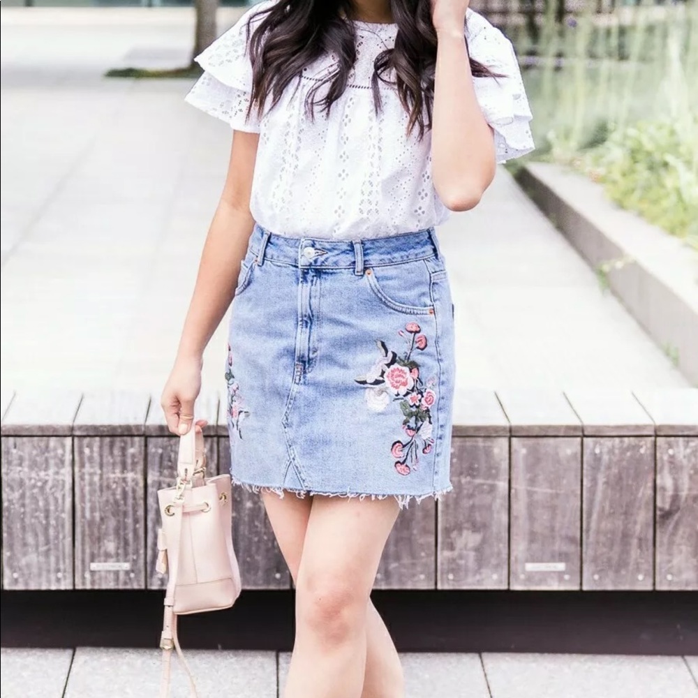 Topshop Moto Floral Denim Distressed Mini Skirt